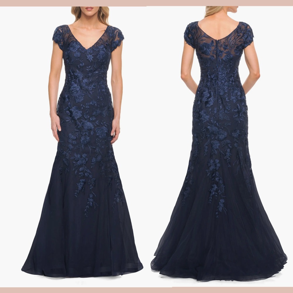 NWT La Femme [ 10 ] Cap Sleeves Lace and Tulle Mermaid Gown‎ in Navy Blue #J2053